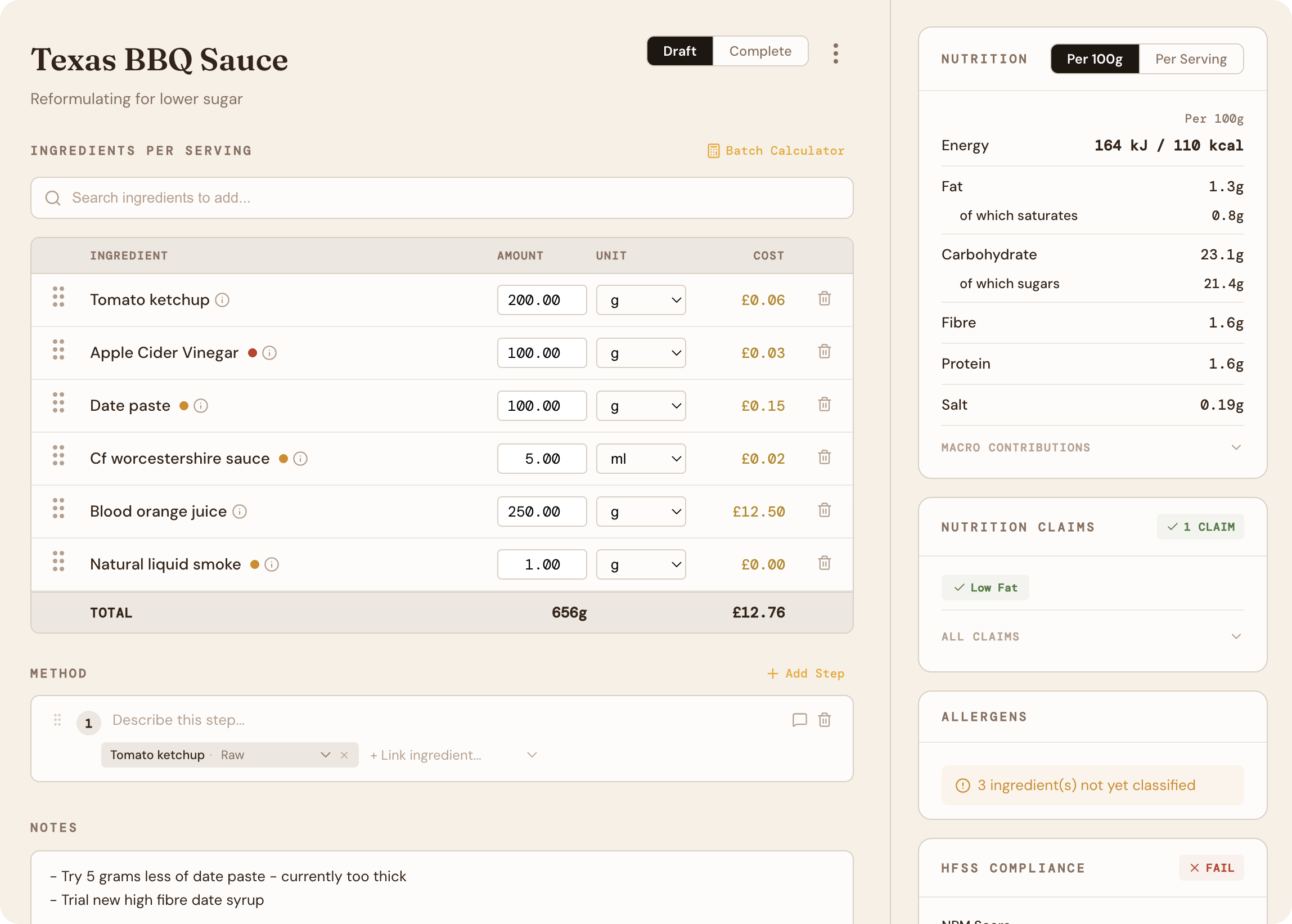 Canoli product dashboard showing recipe formulation and nutrition data